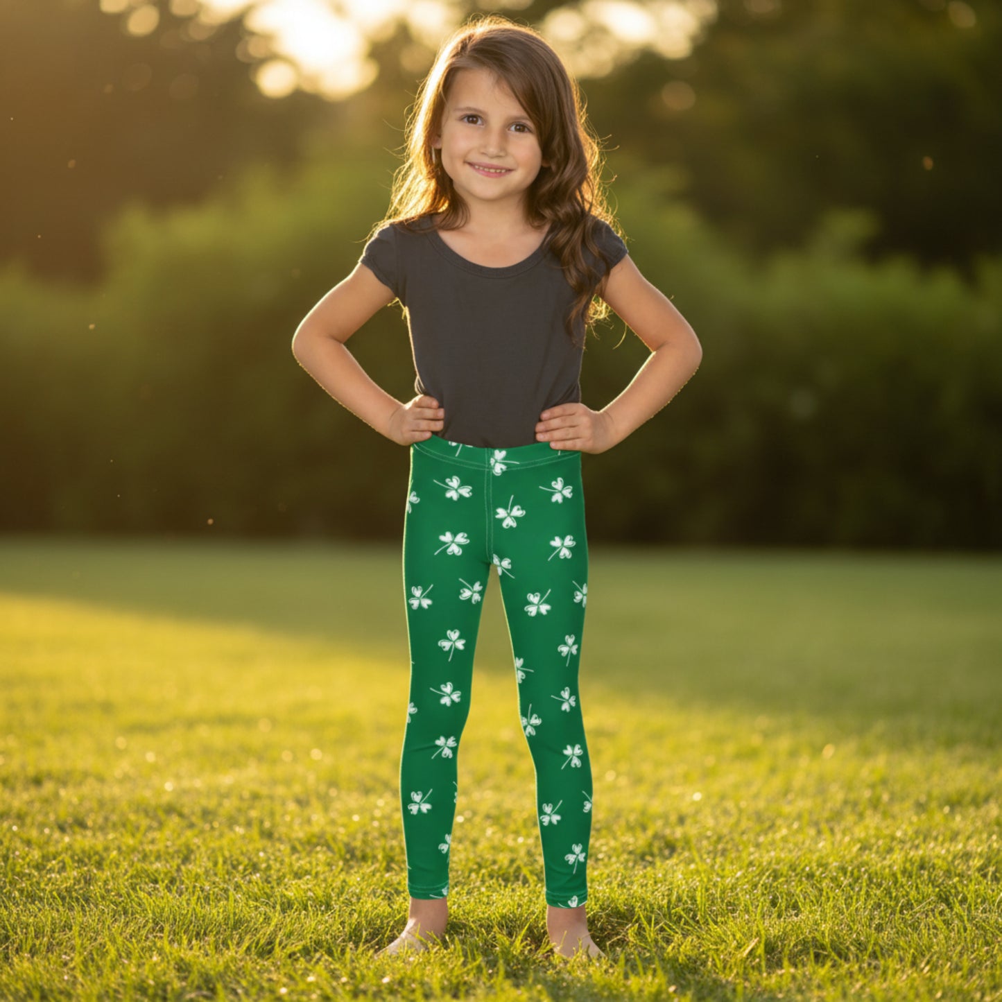 Matching family St. Patrick's Day leggings featuring a lucky green and white clover print available in children's sizes 2T through 20 and coordinating women's sizes.