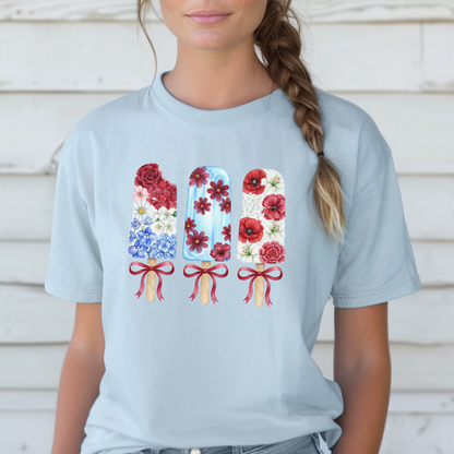 Women's Patriotic Floral T Shirt, Red White & Blue Fourth of July Tee, Matching Family Shirt