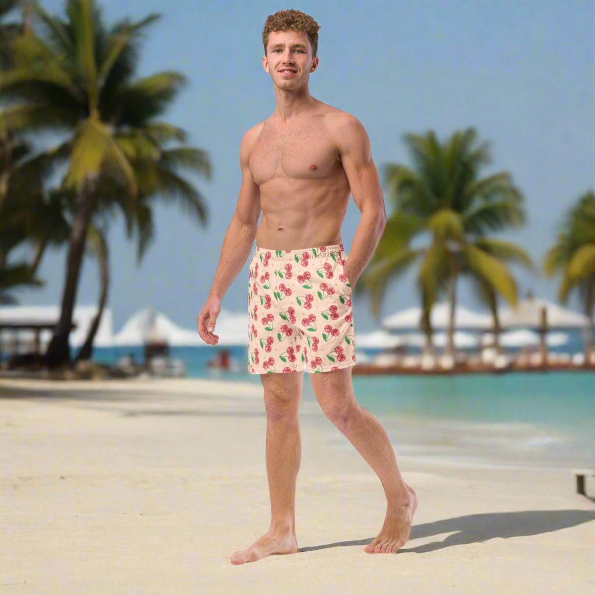 Fun pink family matching men’s swim shorts with red disco cherries and stars, available in sizes 2XS through 6XL including plus sizes. These retro inspired men’s swim boxers combine a playful fruit print with colorful summer style and are part of the JaeCrece Family Matching Swimwear Collection for beach vacations, pool days, cruises, and family photos.