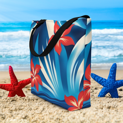 Reusable tote bag with patriotic Hawaiian print in red white and blue, created for beach days, shopping, and everyday errands. Large size offers generous space for daily essentials, books, groceries, or travel items. Comfortable cotton webbing handles and an inside pocket add convenience. Festive tropical style is perfect for summer events, holiday weekends, and poolside outings.