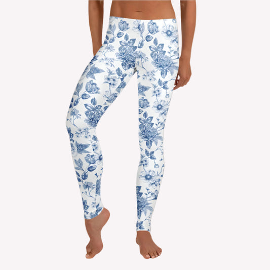 Image: Blue toile leggings for women that blend vintage French flair with modern fit and function. Designed in a soft stretchy fabric, these leggings are perfect for stylish moms, relaxed weekends, or coordinated family looks. Available in XS to XL and ideal for spring and summer wear. Whether lounging at home or taking family photos, these leggings make a statement, by jaecrece.