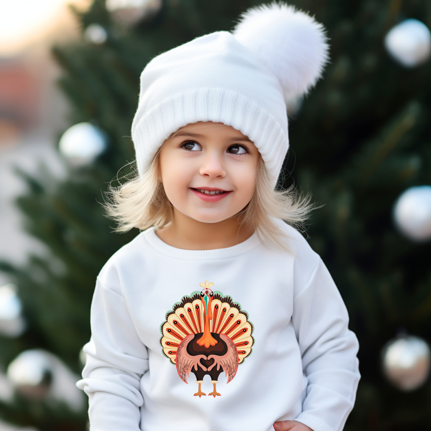 Mommy and Me matching funny Turkey Day Sweatshirt in Child Sizes. This Thanksgiving Day crewneck Sweater features a large Turkey making the love sign with his hands. This kids cozy pullover makes a perfect gift or Turkey Trot outfit, by jaecrece
