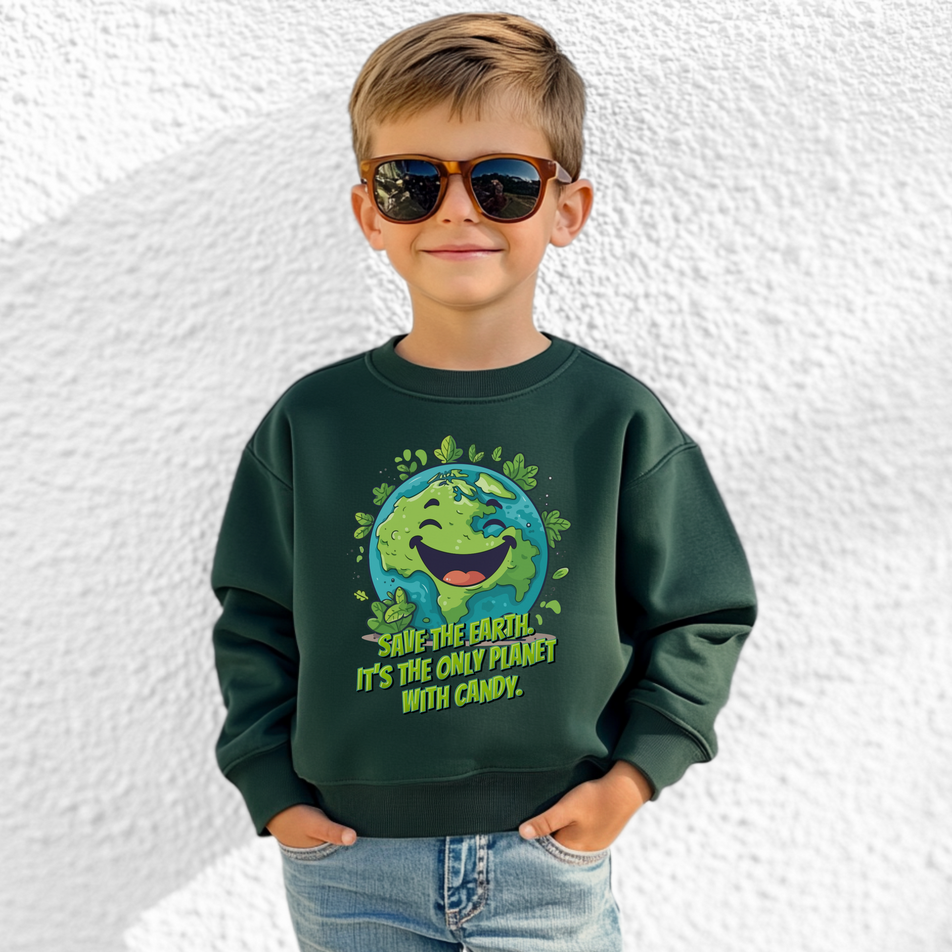 Funny Save Earth sweatshirt for kids featuring a smiling cartoon Earth surrounded by leaves with the phrase It’s the only planet with candy! This cute planet Earth sweatshirt makes a fun Earth Day outfit for school, spring outings, family activities and little nature lovers.