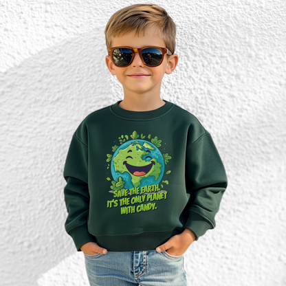 Funny Save Earth sweatshirt for kids featuring a smiling cartoon Earth surrounded by leaves with the phrase It’s the only planet with candy! This cute planet Earth sweatshirt makes a fun Earth Day outfit for school, spring outings, family activities and little nature lovers.