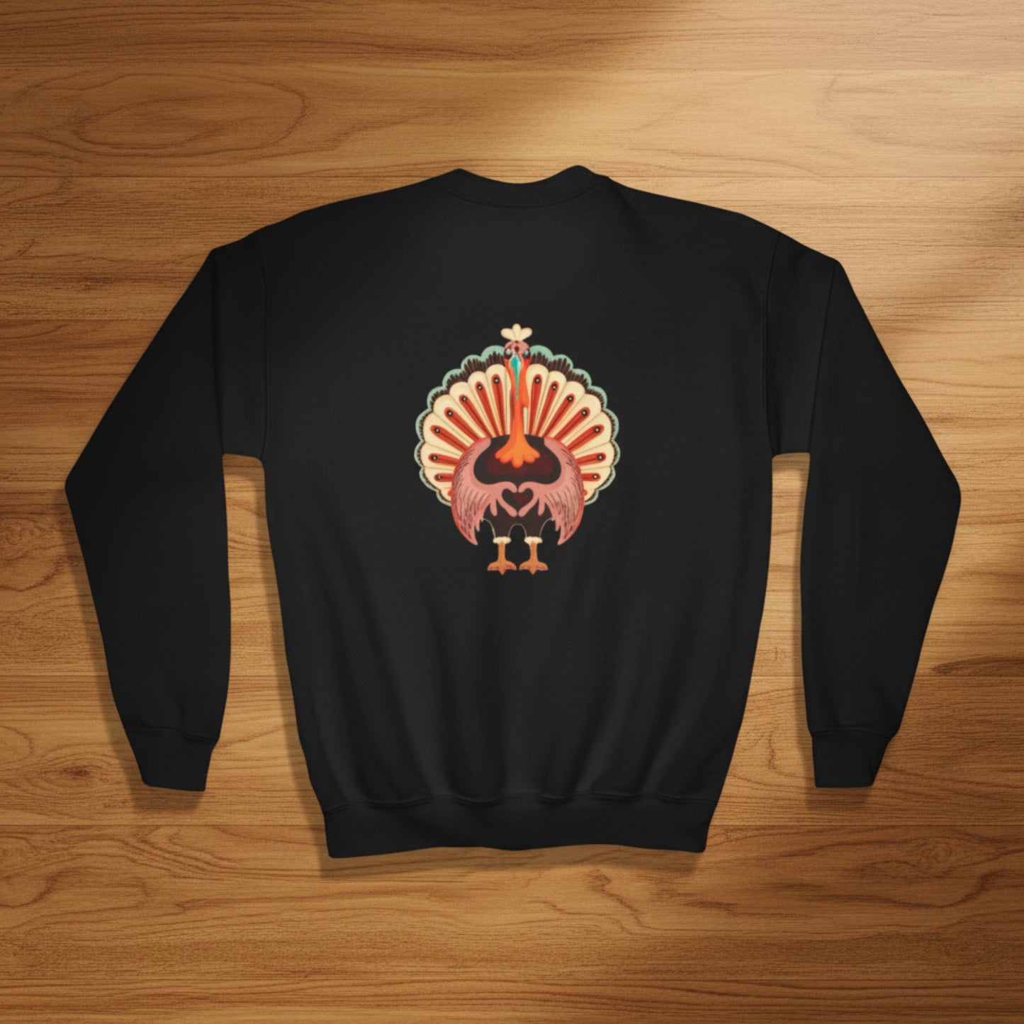 Image: Turkey Day Sweatshirt in Child Sizes. This Thanksgiving Day crewneck Sweater features a large Turkey making the love sign with his hands. This kids cozy pullover makes a perfect gift or Turkey Trot outfit, by jaecrece