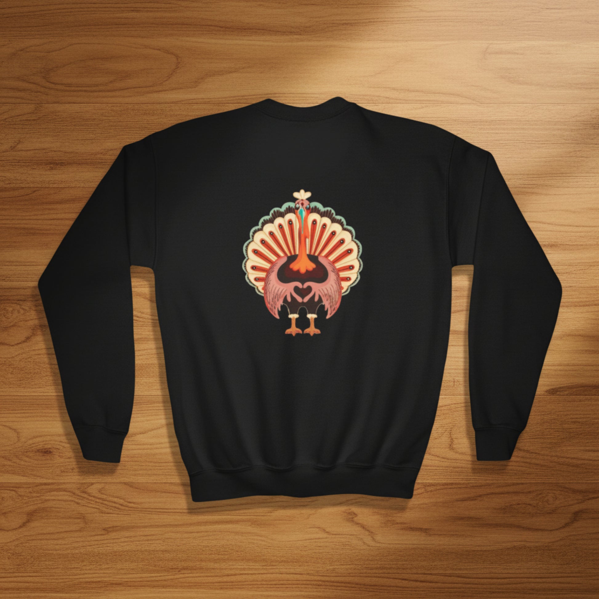 Image: Turkey Day Sweatshirt in Child Sizes. This Thanksgiving Day crewneck Sweater features a large Turkey making the love sign with his hands. This kids cozy pullover makes a perfect gift or Turkey Trot outfit, by jaecrece