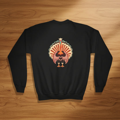 Image: Turkey Day Sweatshirt in Child Sizes. This Thanksgiving Day crewneck Sweater features a large Turkey making the love sign with his hands. This kids cozy pullover makes a perfect gift or Turkey Trot outfit, by jaecrece