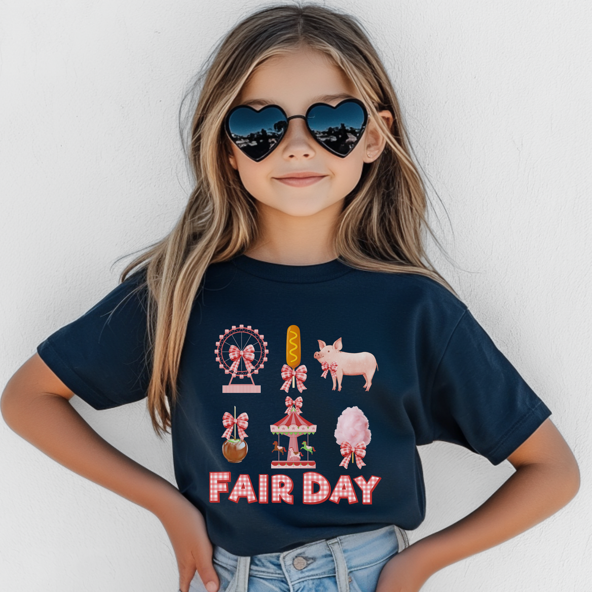 Navy girls fair outfit featuring a cute Fair Day graphic with carnival rides, cotton candy, fair food and pink gingham bows. Perfect for state fair trips, county fairs, carnival outings, family photos and matching Mom and daughter outfits.