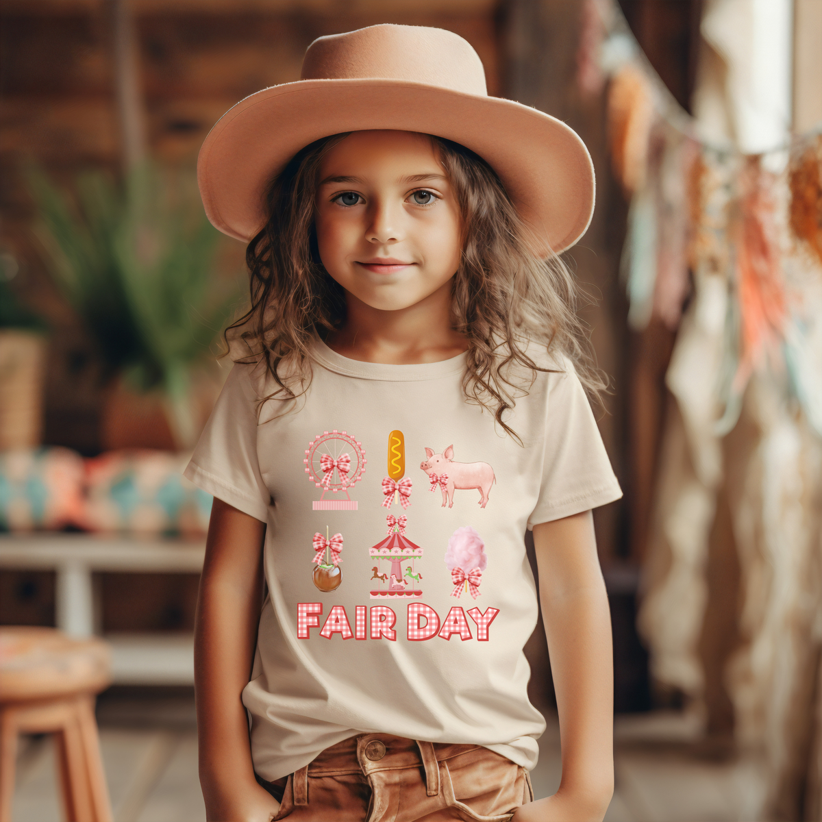 Girls fair shirt with a detailed Ferris wheel, cotton candy, carousel and other classic fair favorites. Pink gingham bows and large FAIR DAY lettering create a cute fair outfit for state fairs, county fairs and summer carnival days.