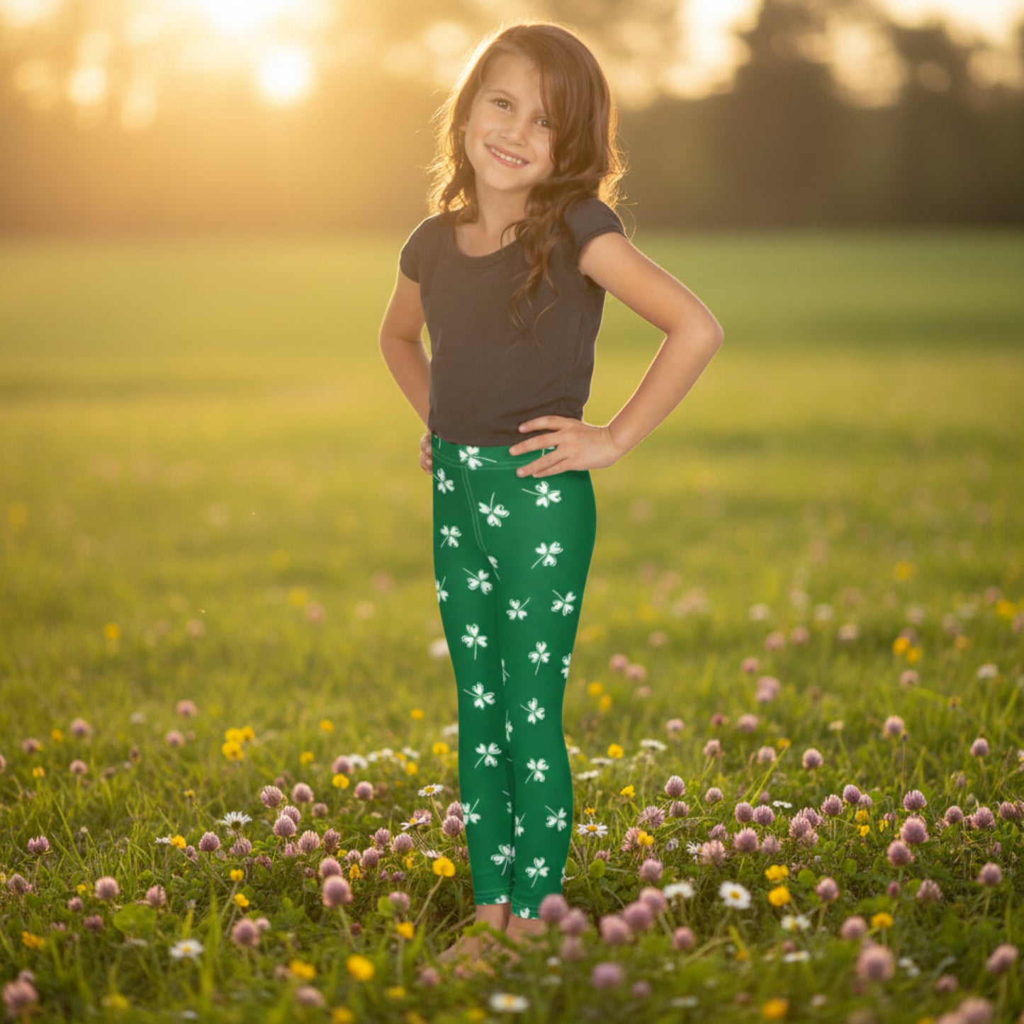 Toddler and girls green clover leggings with a festive four leaf shamrock pattern, stretchy fabric, and high waist design perfect for St. Patrick's Day outfits and spring celebrations.
