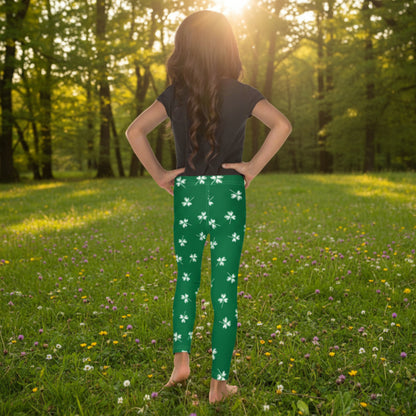 Girls St. Patrick's Day outfit featuring green leggings with lucky clover print, designed for parades, school celebrations, holiday parties, and family photos.