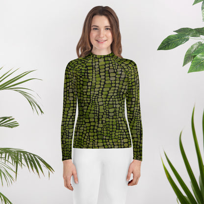 This green scale reptile rash guard for youth sizes 8–20 features a bold all-over pattern inspired by snakes, lizards, and dinosaurs. Great for swimwear or costume use, this long-sleeve shirt offers UPF sun protection and lightweight comfort for active kids. Perfect for beach play, jungle themes, summer pool parties, and wild outdoor fun. A versatile swim top for boys and girls who love creature costumes and vibrant prints.