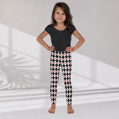 The Harlequin Hearts leggings feature a classic black and white diamond pattern with red hearts scattered across the fabric. Their playful design can be styled for Valentine's Day, a themed school event, or an imaginative Queen of Hearts costume. The soft microfiber fabric has four way stretch and an elastic waistband for comfortable movement and an easy fit throughout the day.