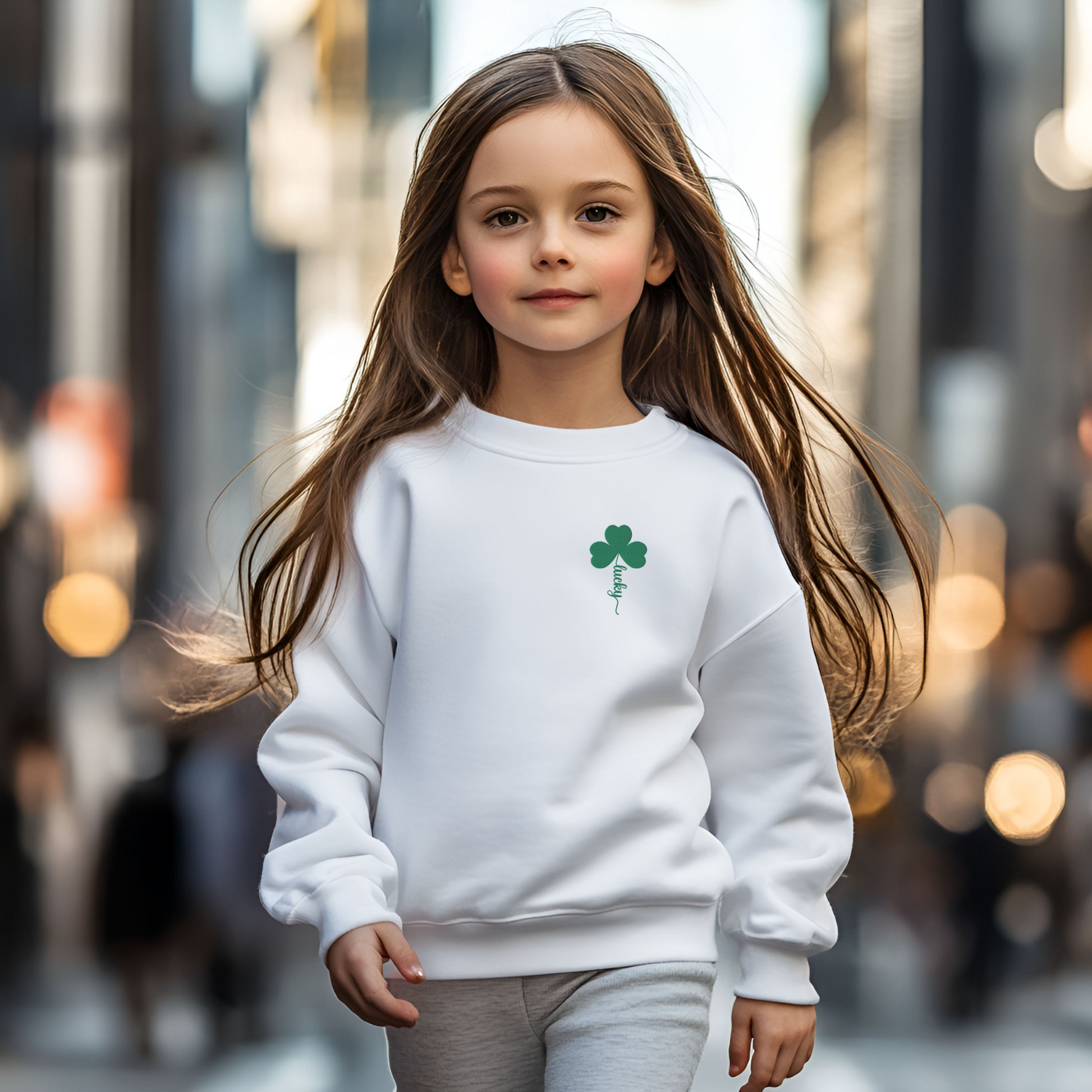 Festive kids St Paddy’s Day sweatshirt featuring lucky shamrock embroidery stitched on a white youth crewneck sweatshirt. The bright green four leaf clover includes a unique stem spelling “Lucky” in script lettering for a playful St Patrick’s Day design. This Gildan 18000B youth sweatshirt has a soft fleece lining and classic relaxed fit, making it perfect for school celebrations, parades, and festive March outfits. A cozy lucky clover sweatshirt designed for boys and girls celebrating St Patrick’s Day.