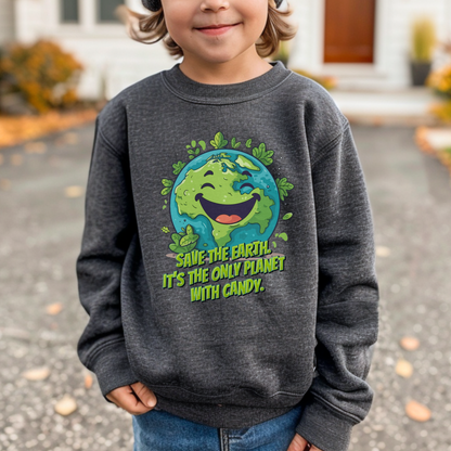 Kids Earth Day crewneck sweatshirt featuring a cheerful cartoon planet Earth with leafy greenery and a funny Save Earth candy message. This youth graphic sweatshirt is a playful choice for Earth Day celebrations, school activities, teachers, environmentally minded families and kids who love nature.