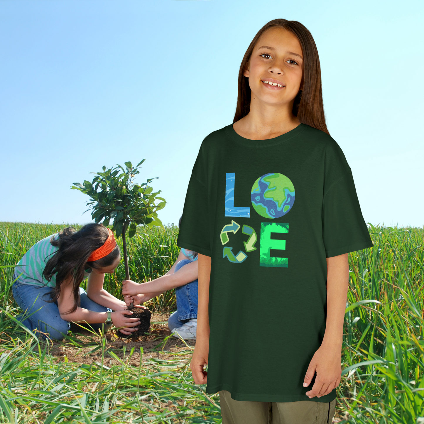 Kids Earth Day outfit featuring a fun environmental graphic tee designed to celebrate Earth Day April 22 and promote sustainable earth friendly living. Available in youth sizes XS to XL in White Ash Heather Navy and Forest Green. Perfect for reduce reuse recycle messaging school events and mommy and me matching outfits. Comfortable breathable shirt for kids who love nature animals and green living.