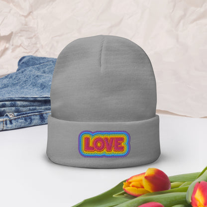 Rainbow LOVE Embroidered Beanie