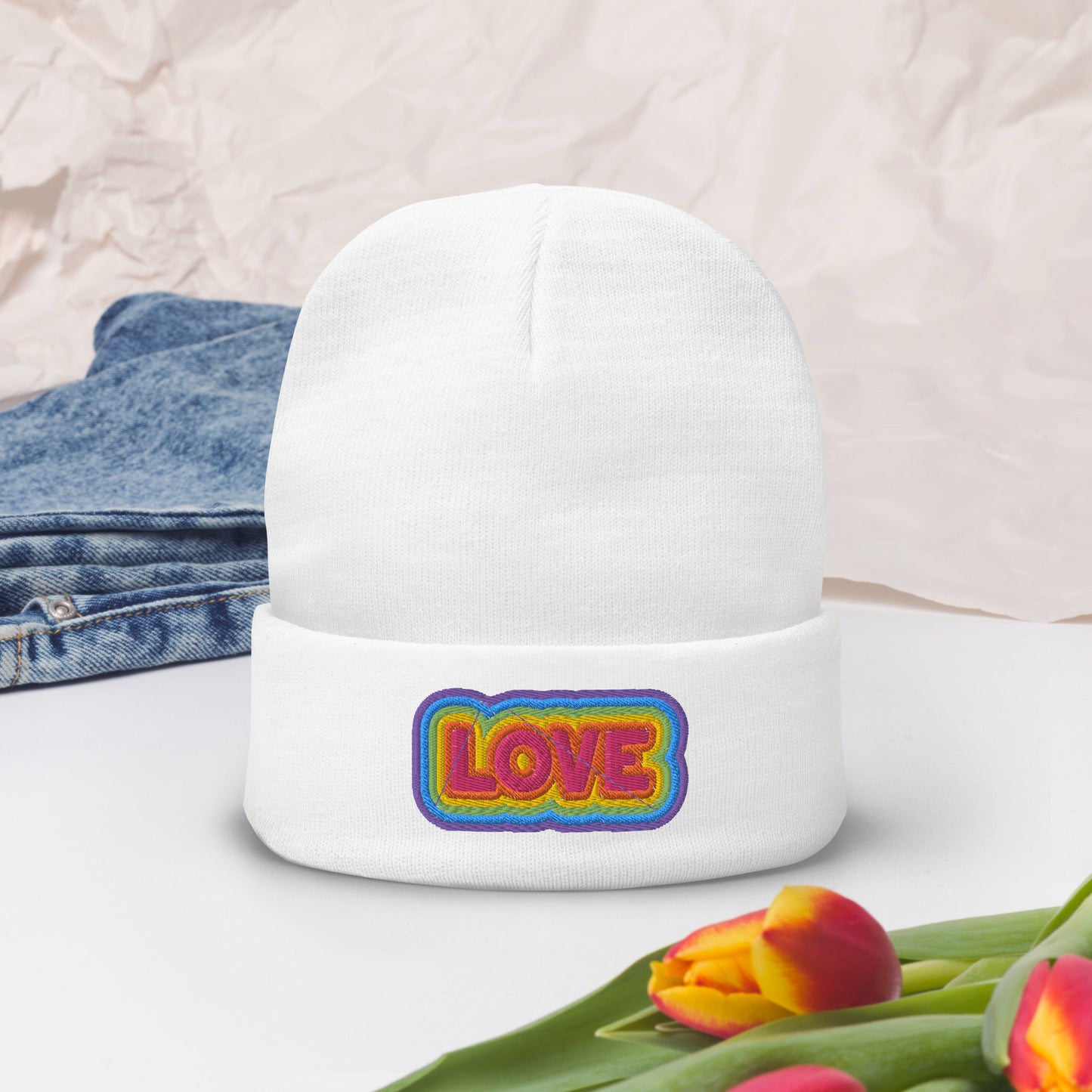 Rainbow LOVE Embroidered Beanie