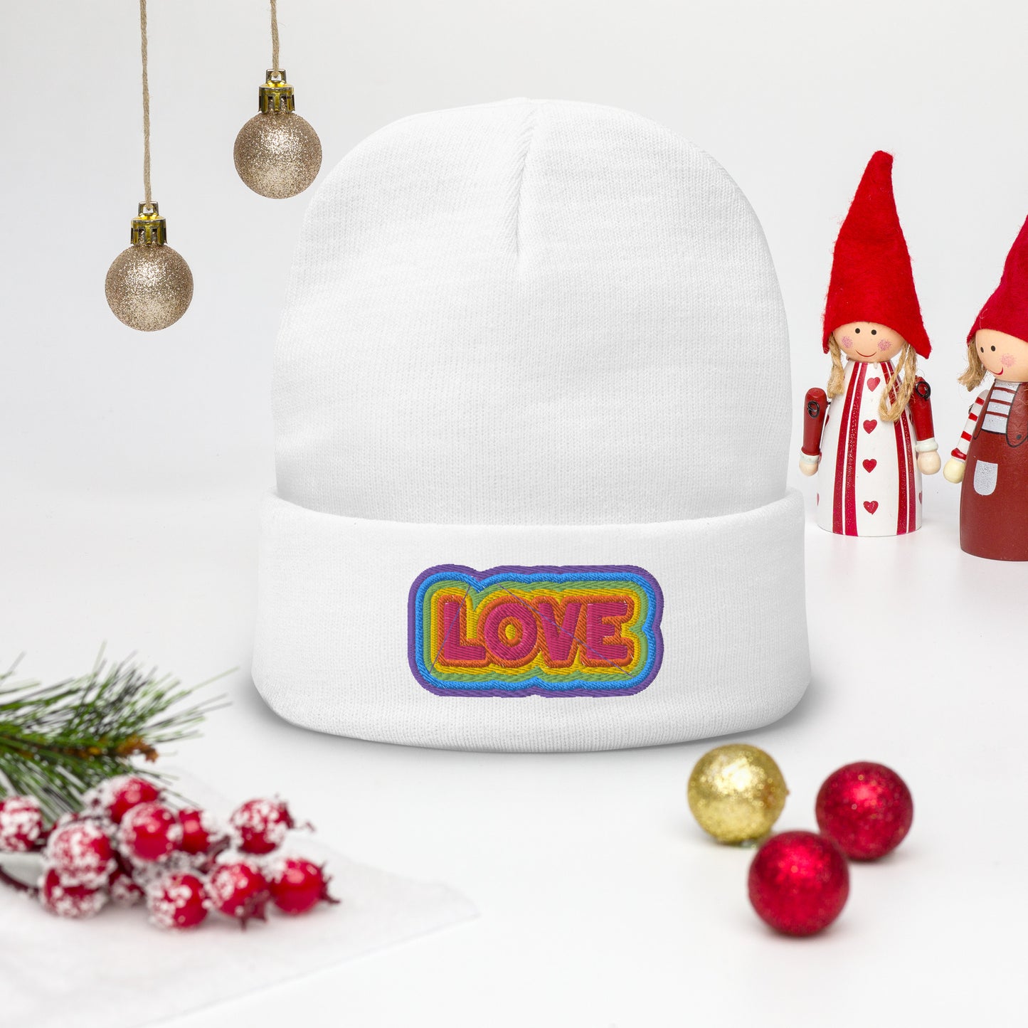 Rainbow LOVE Embroidered Beanie