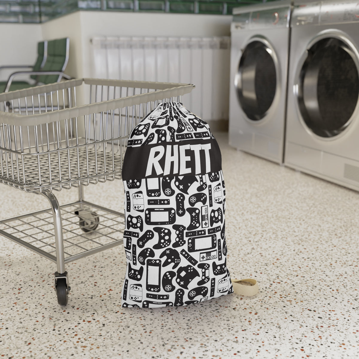  laundry bag with video gaming controller pattern in a laundry room