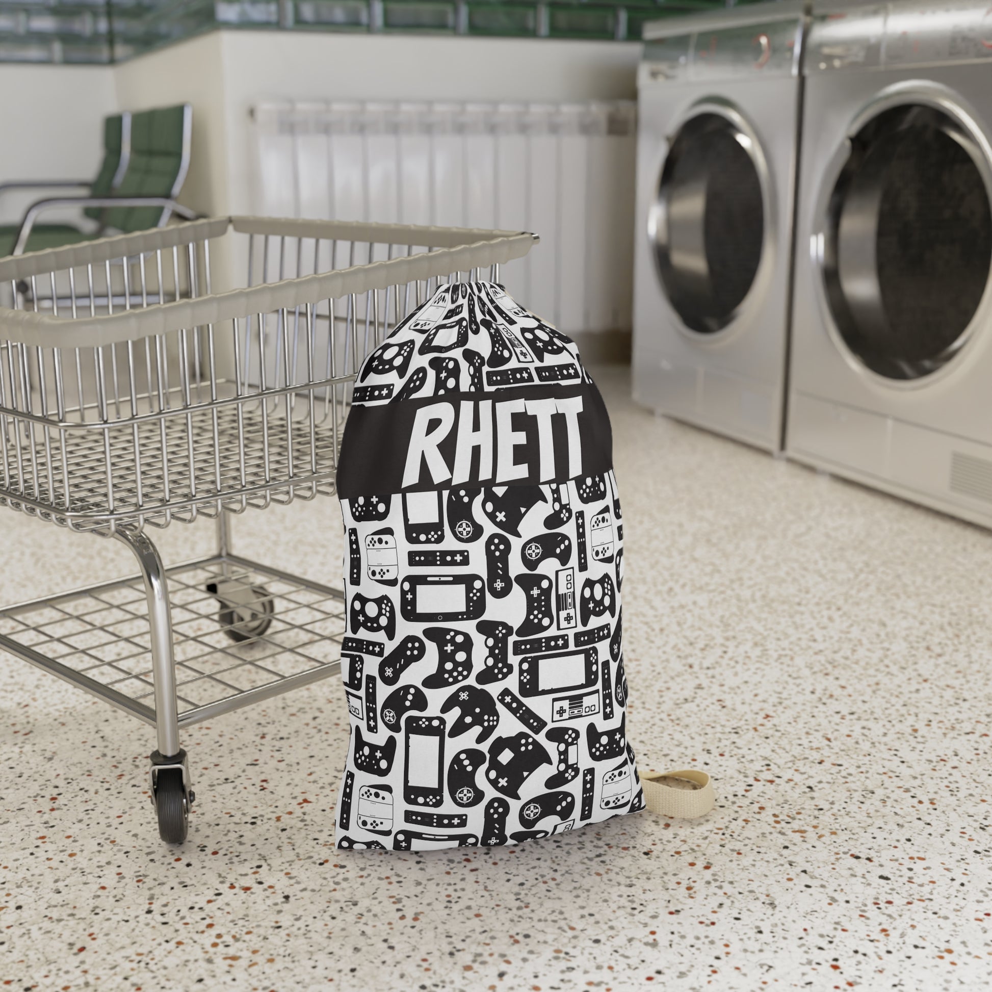  laundry bag with video gaming controller pattern in a laundry room