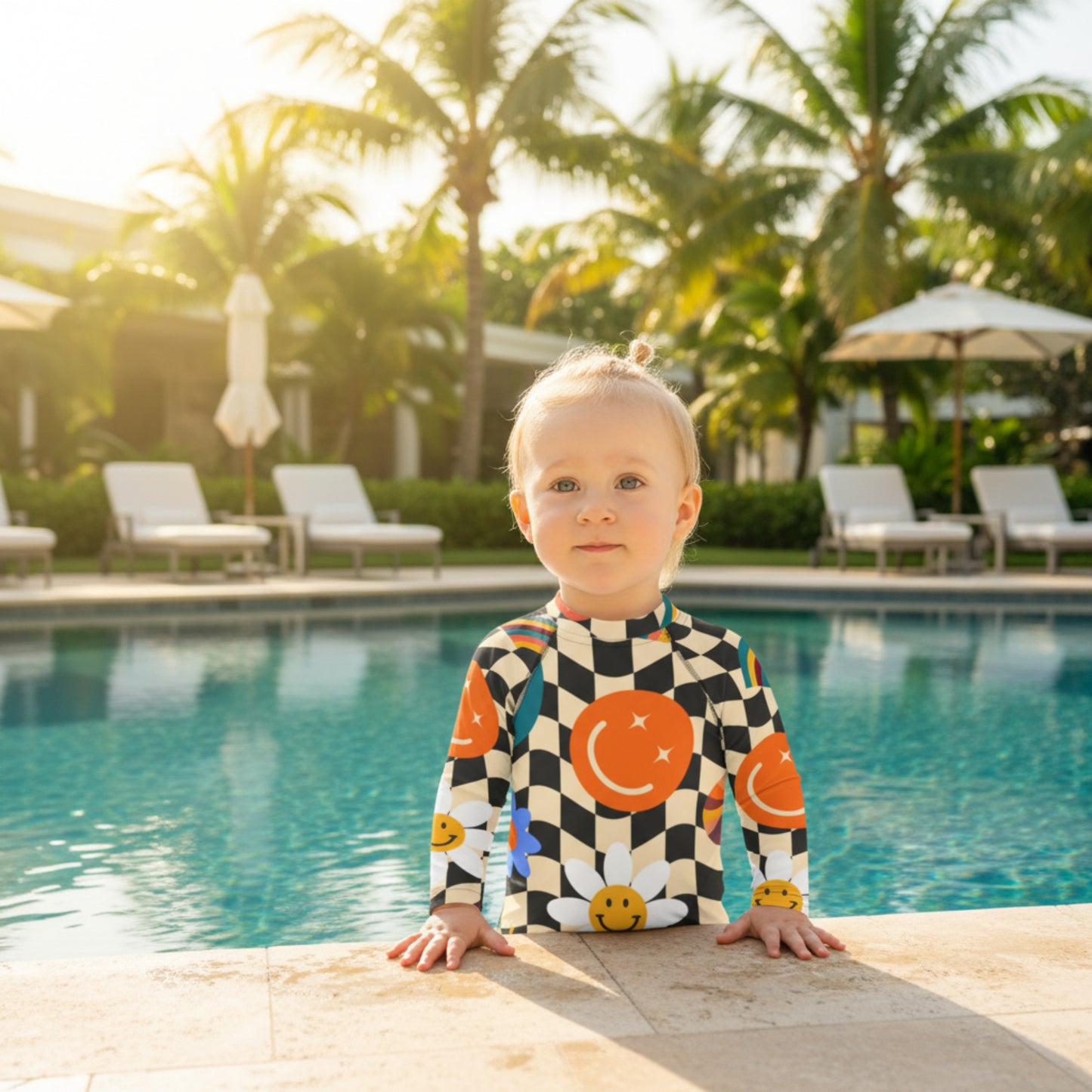 Toddler girl swimming in a resort pool while wearing a retro wavy checkerboard girls rash guard with colorful smiley faces, rainbows, daisies, stars, and swirls. Long sleeve UPF 50+ swim shirt available in sizes 2T–20 with coordinating family swimwear.