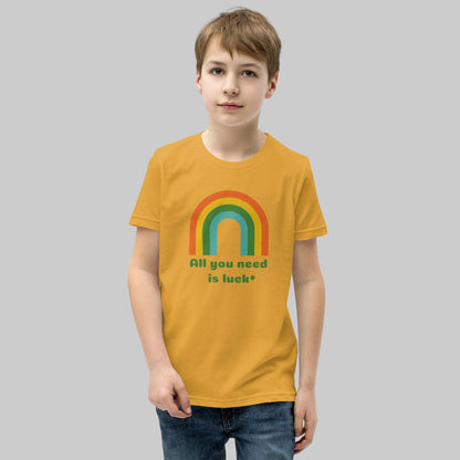  All You Need Is Luck shamrock rainbow and clover graphic printed on Bella Canvas 3001Y youth t shirt. Lucky St Patricks Day design featuring festive Irish themed artwork perfect for kids holiday clothing and March celebrations.