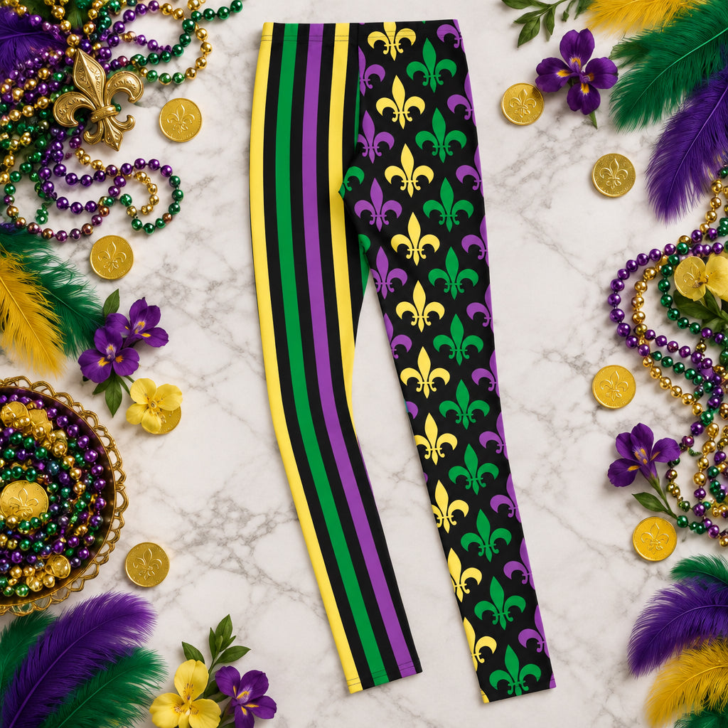 These black Mardi Gras leggings for youth girls in sizes 8–20 feature festive Mardi Gras colors—green, purple, and gold—down one leg in bold stripes and a fleur-de-lis print on the other. Designed for stylish tween girls who want to stand out during Carnival season in New Orleans or NOLA-themed school events. Stretchy and comfortable enough for dancing, these leggings are part of a matching family set with toddler and adult styles.
