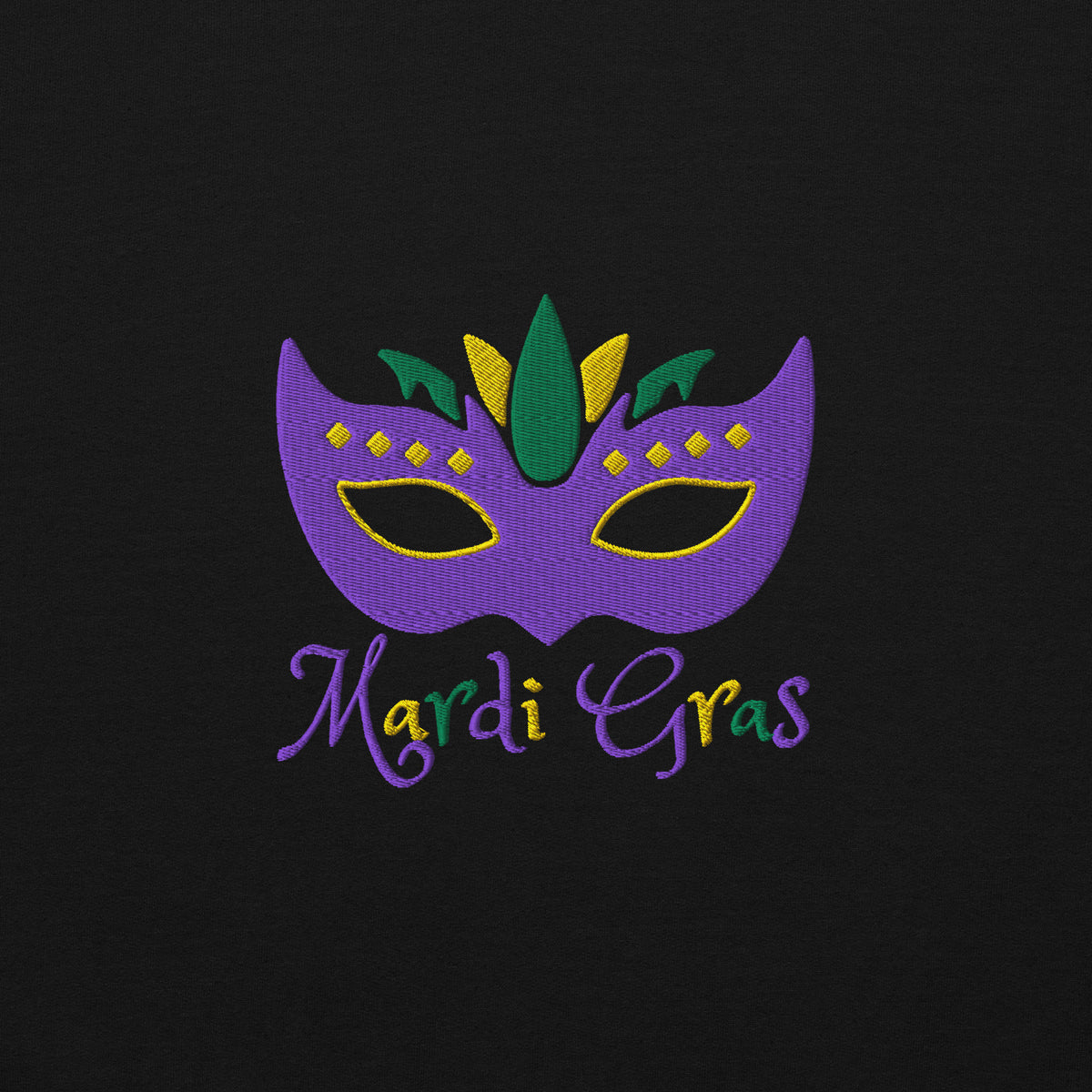 Designed for Mardi Gras fun in the French Quarter or any NOLA celebration, this adult unisex sweatshirt (S–5XL) features a detailed purple, green, and gold Carnival mask and bold “Mardi Gras” embroidery. It’s part of a family-friendly matching collection, great for New Orleans parties and parades.