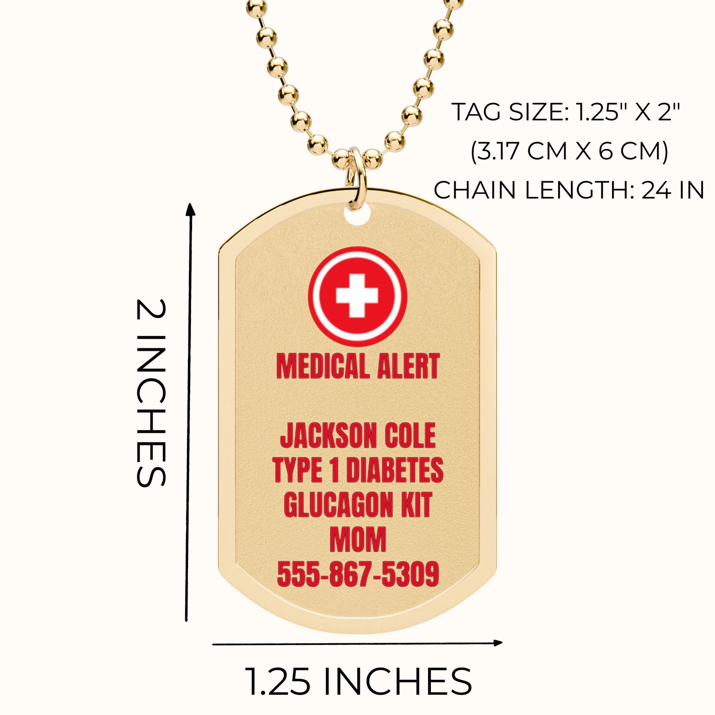 Medical alert necklace size guide showing a personalized stainless steel medical ID dog tag measuring 1.25 by 2 inches with a comfortable 24 inch ball chain for everyday wear.