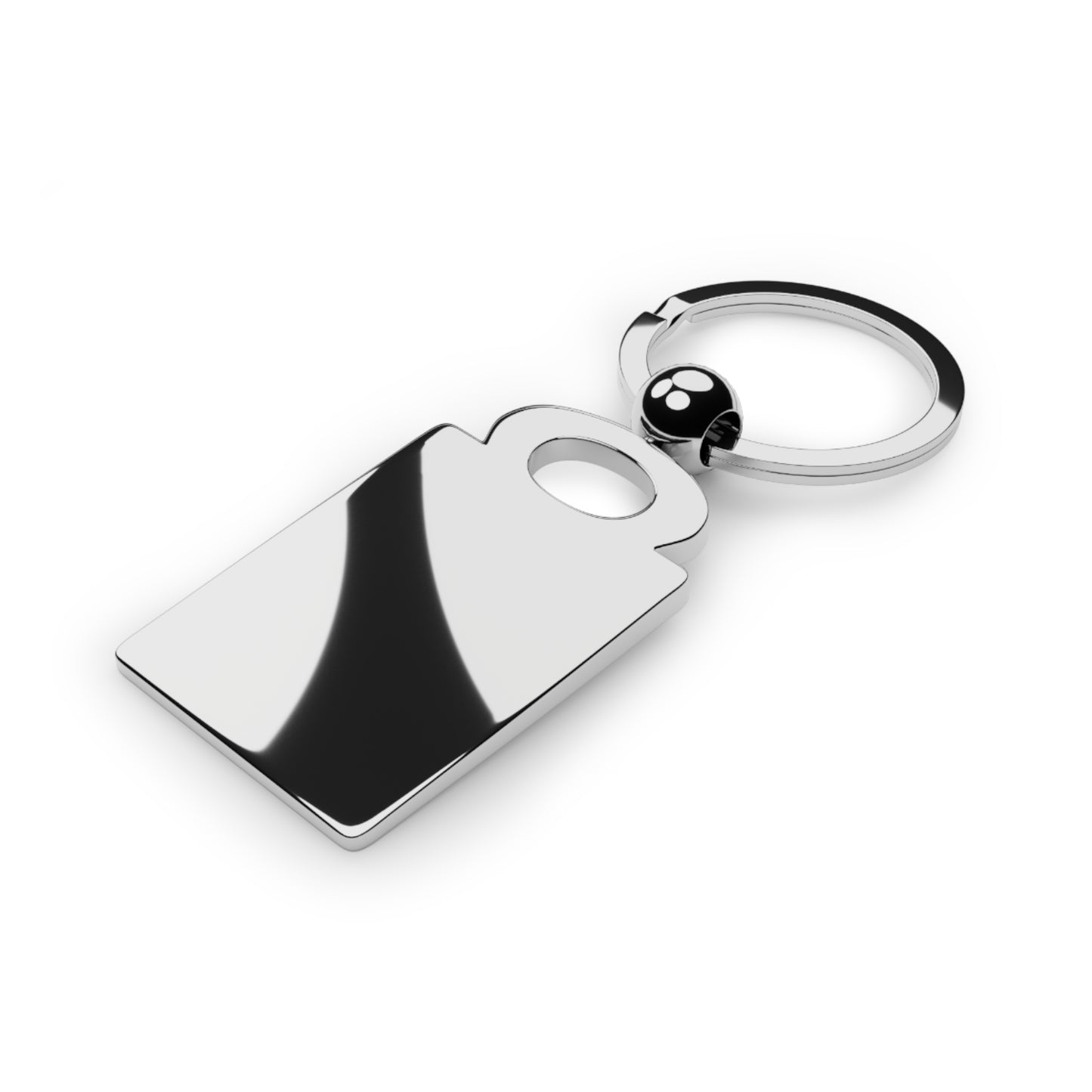 Silver keychain with a rectangular tag on a white background