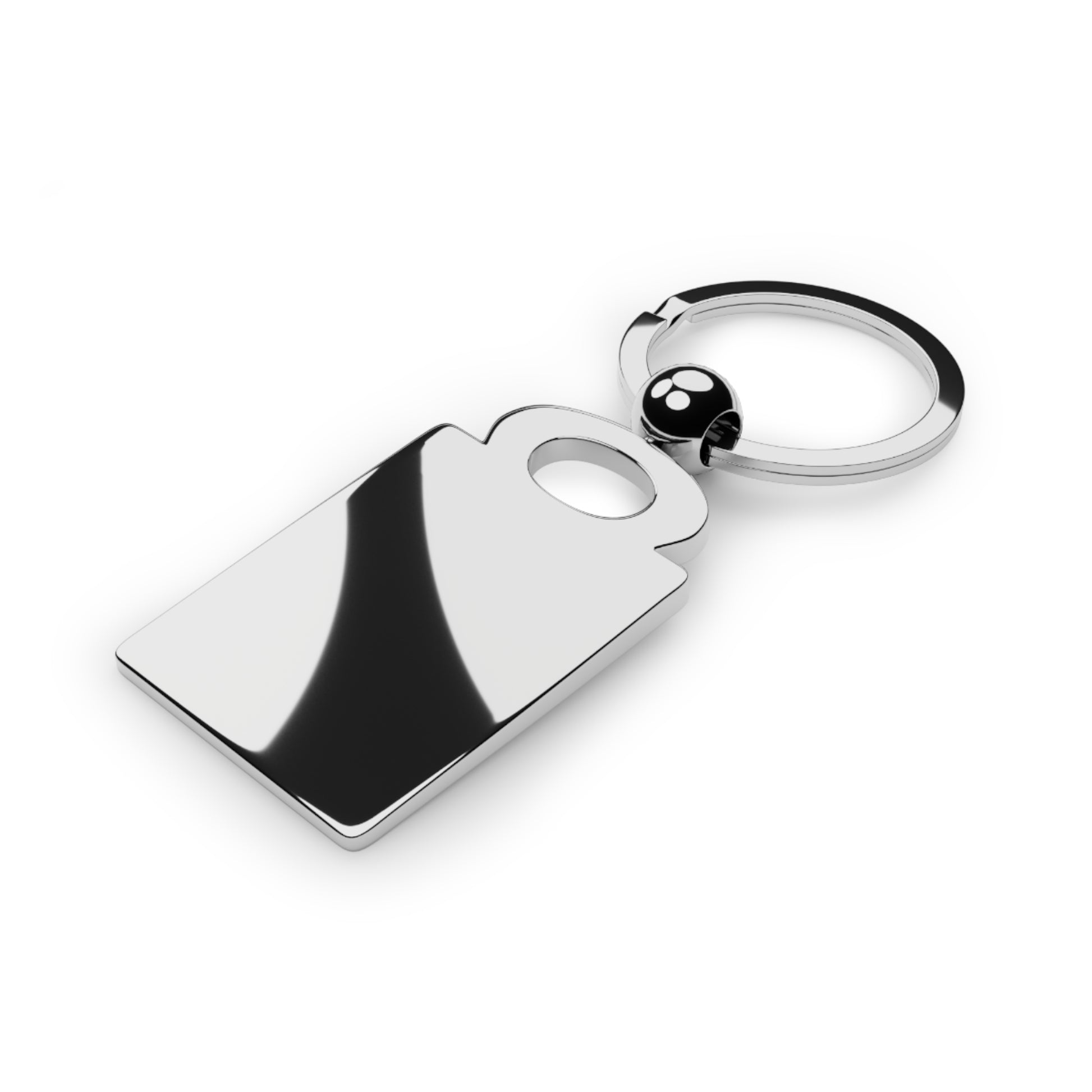 Silver keychain with a rectangular tag on a white background