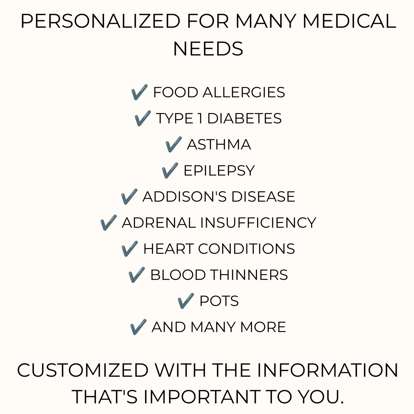 Personalized medical alert necklace for food allergies, Type 1 diabetes, asthma, epilepsy, Addison disease, adrenal insufficiency, heart conditions, blood thinner use, POTS, and other chronic medical needs.