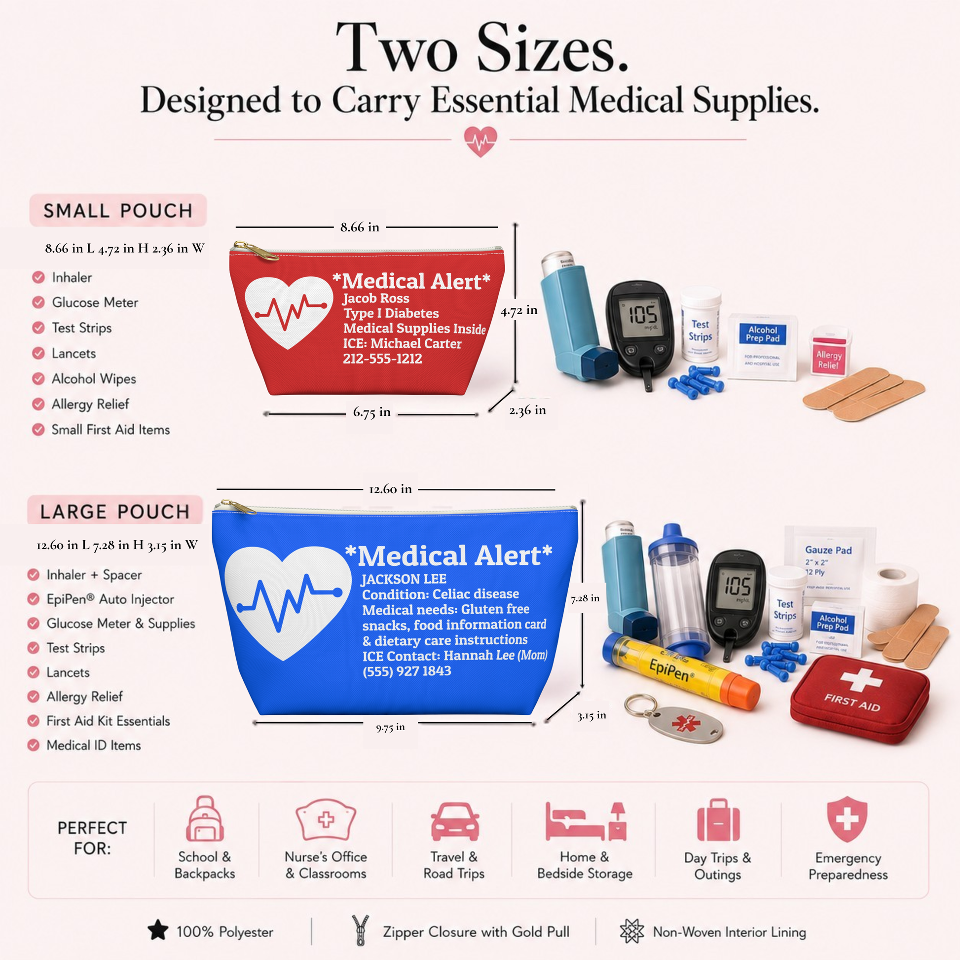 An infographic showing two sizes of a Medical Alert first aid pouch: a small pink pouch and a large blue pouch, both with dimensions, included contents, and icons indicating use cases such as school, nurse's office, travel, and emergency preparedness.