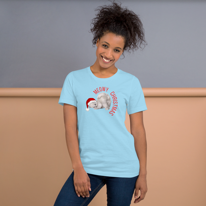 woman wearing a Meowy Christmas tshirt with a cute kitten wearing a santa hat
