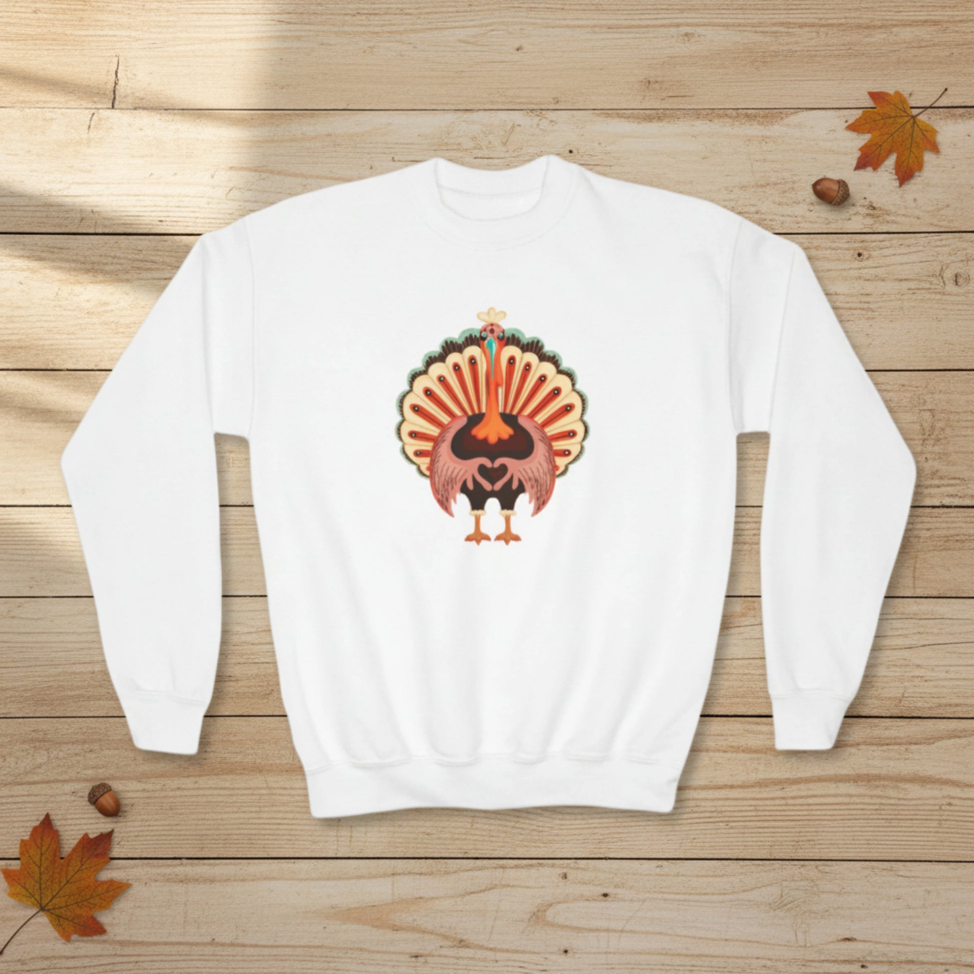 Image: Turkey Day Sweatshirt in Child Sizes. This Thanksgiving Day crewneck Sweater features a large Turkey making the love sign with his hands. This kids cozy pullover makes a perfect gift or Turkey Trot outfit, by jaecrece