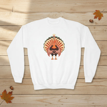 Image: Turkey Day Sweatshirt in Child Sizes. This Thanksgiving Day crewneck Sweater features a large Turkey making the love sign with his hands. This kids cozy pullover makes a perfect gift or Turkey Trot outfit, by jaecrece
