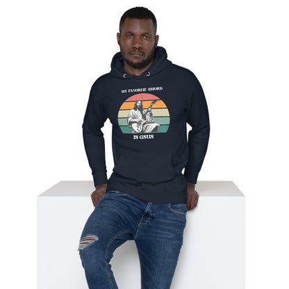Adult wearing the “My Favorite Chord Is GSUS” hoodie, showcasing a humorous Christian music pun. This soft fleece unisex hoodie is designed for guitarists, choir members, and worship teams who want comfort and style. With an inclusive size range from small to 3XL, it’s a perfect gift for musicians who appreciate faith-inspired humor.