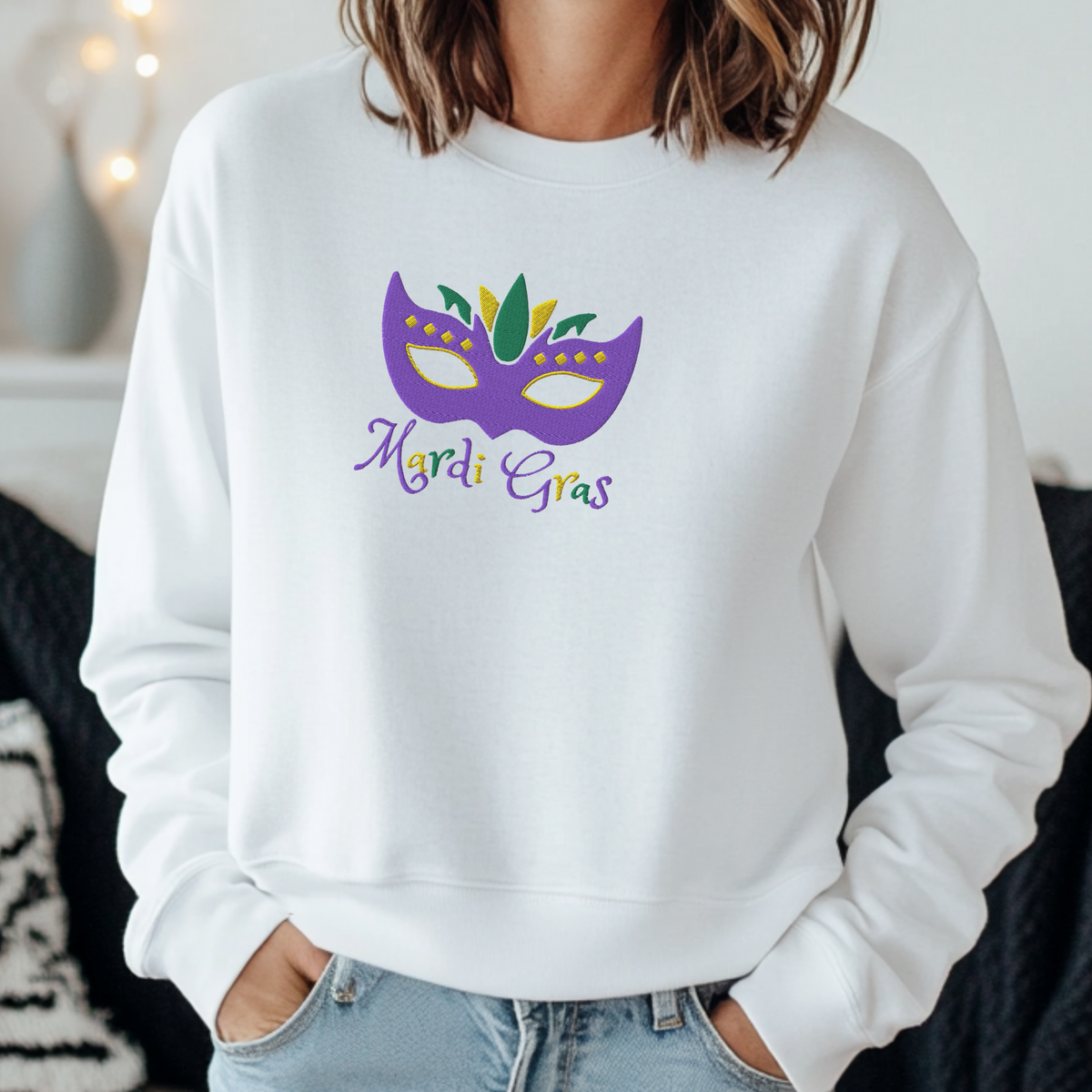 Designed for New Orleans Mardi Gras lovers, this adult unisex sweatshirt (S–5XL) features an embroidered mask in rich purple, green, and gold with the words “Mardi Gras.” Whether you’re strolling the French Quarter or watching a NOLA parade, this cozy top brings Carnival joy to every celebration. Great for festive group outfits or as a bold, seasonal fashion statement.
