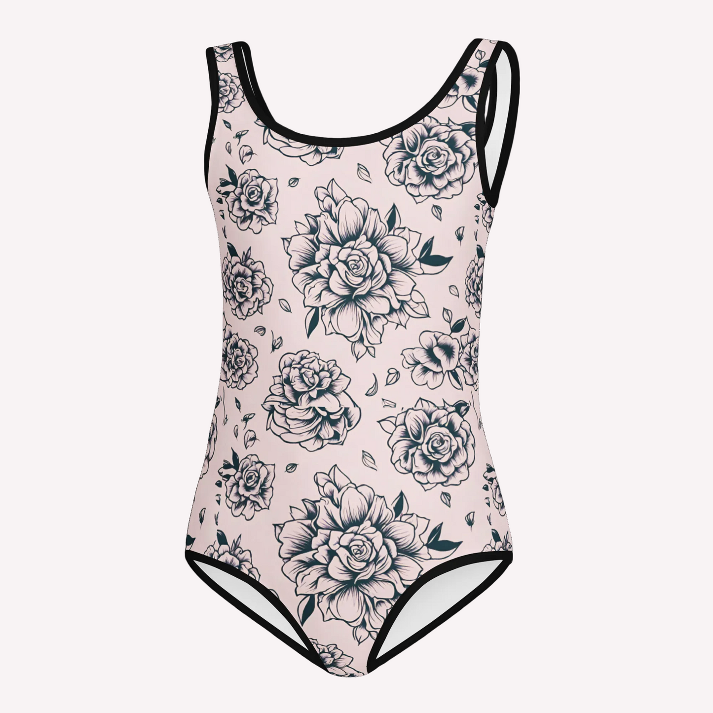 A one piece swimsuit with a light pink background and a black floral pattern, featuring black trim along the neckline, arm straps, and leg openings.
