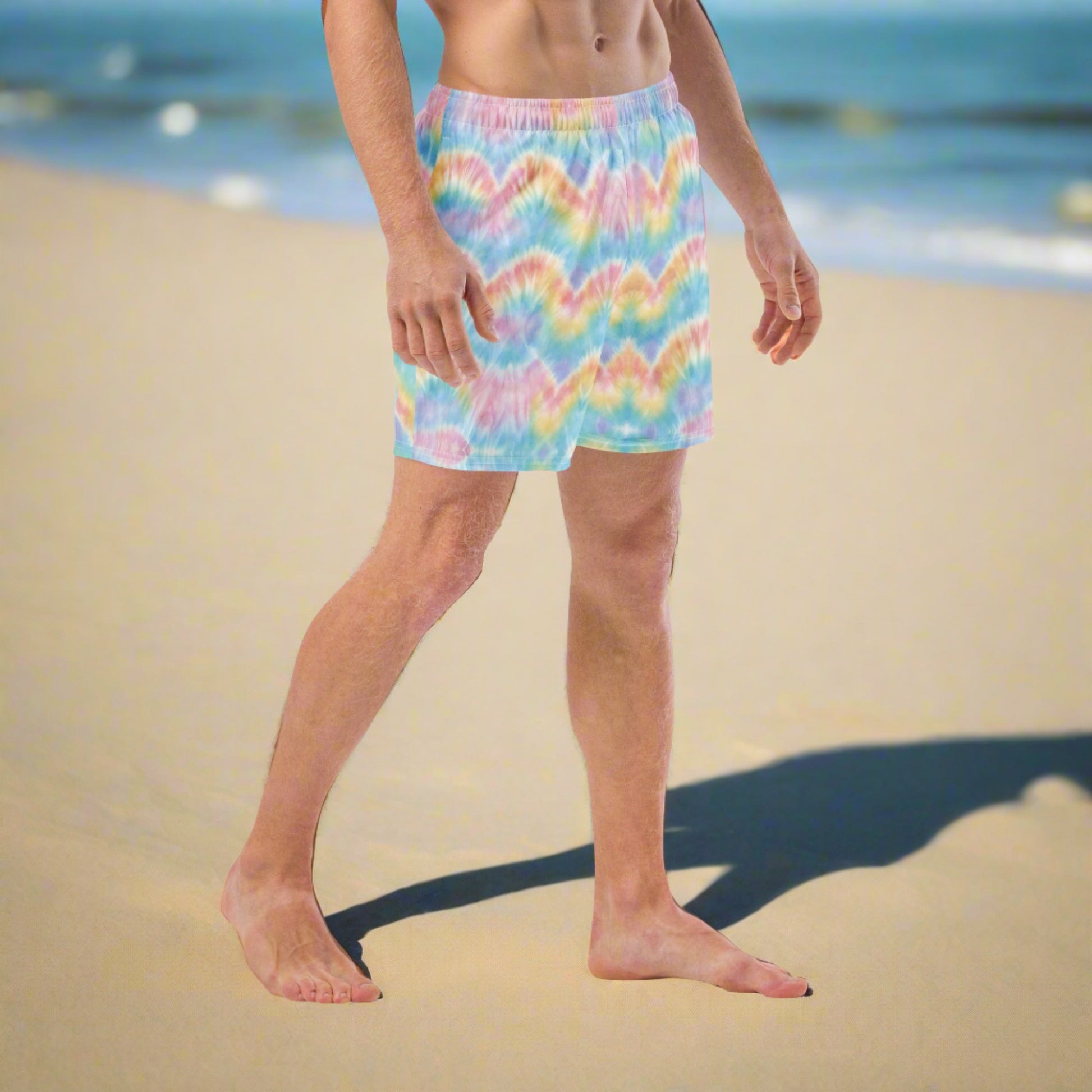 pastel tie dye recycled mens swim trunks, by jaecrece.com