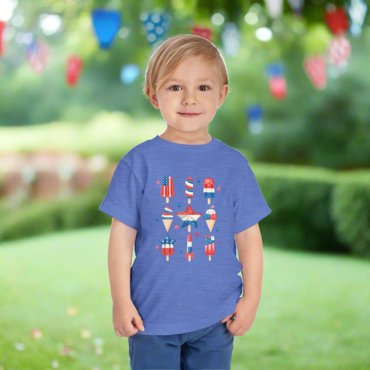 Image: This toddler patriotic popsicle shirt features bold red white and blue colors in a festive frozen treat design, great for the Fourth of July or Memorial Day weekend. Dress your little one in this America-loving tee for a day of parades, backyard fun, or family barbecues. Ideal for toddler girls or boys who love comfort and color in their celebration outfits, by jaecrece.