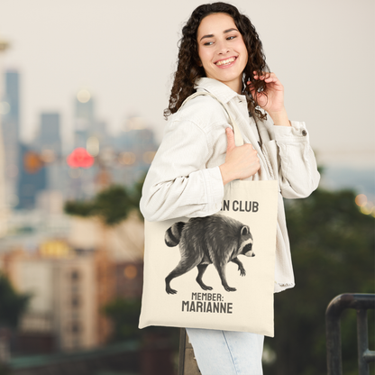 Personalized Jimothy tote showing the raccoon illustration, Jimothy Fan Club lettering, and custom MEMBER name printed on the front. Personalized raccoon tote bag makes a fun gift for Jimothy fans, animal lovers, meme lovers, and Seattle fans.