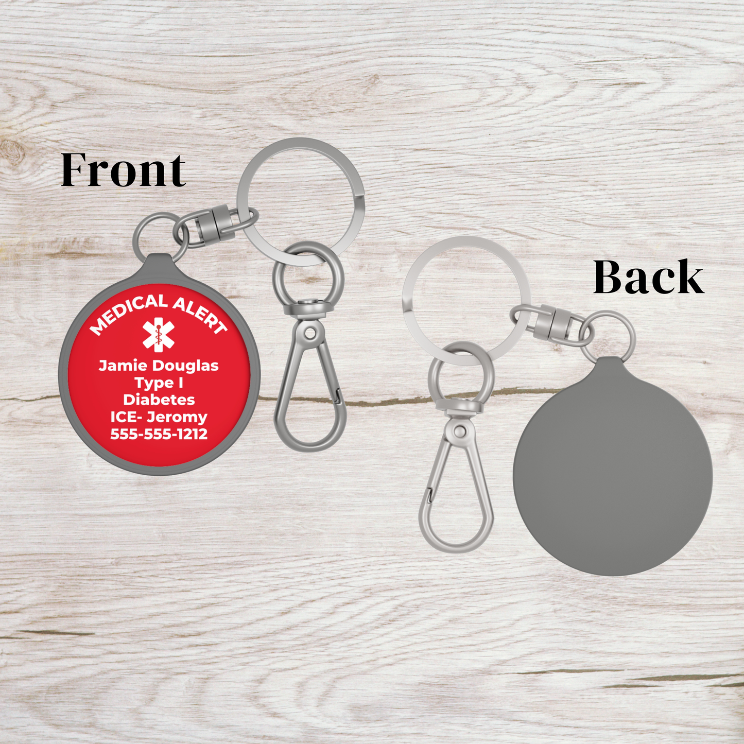 Round personalized medical ID tag keychain designed for emergency information and everyday safety. A useful accessory for backpacks luggage purses and key rings.