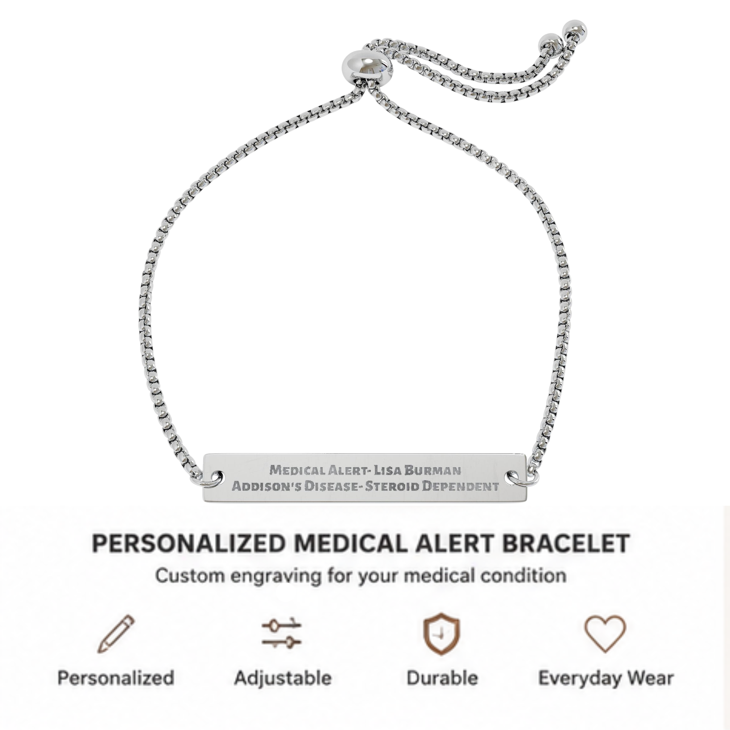 Silver personalized medical alert bracelet engraved with Addison's disease, steroid dependent, and ICE emergency contact information. Adjustable custom medical ID bracelet for everyday wear.