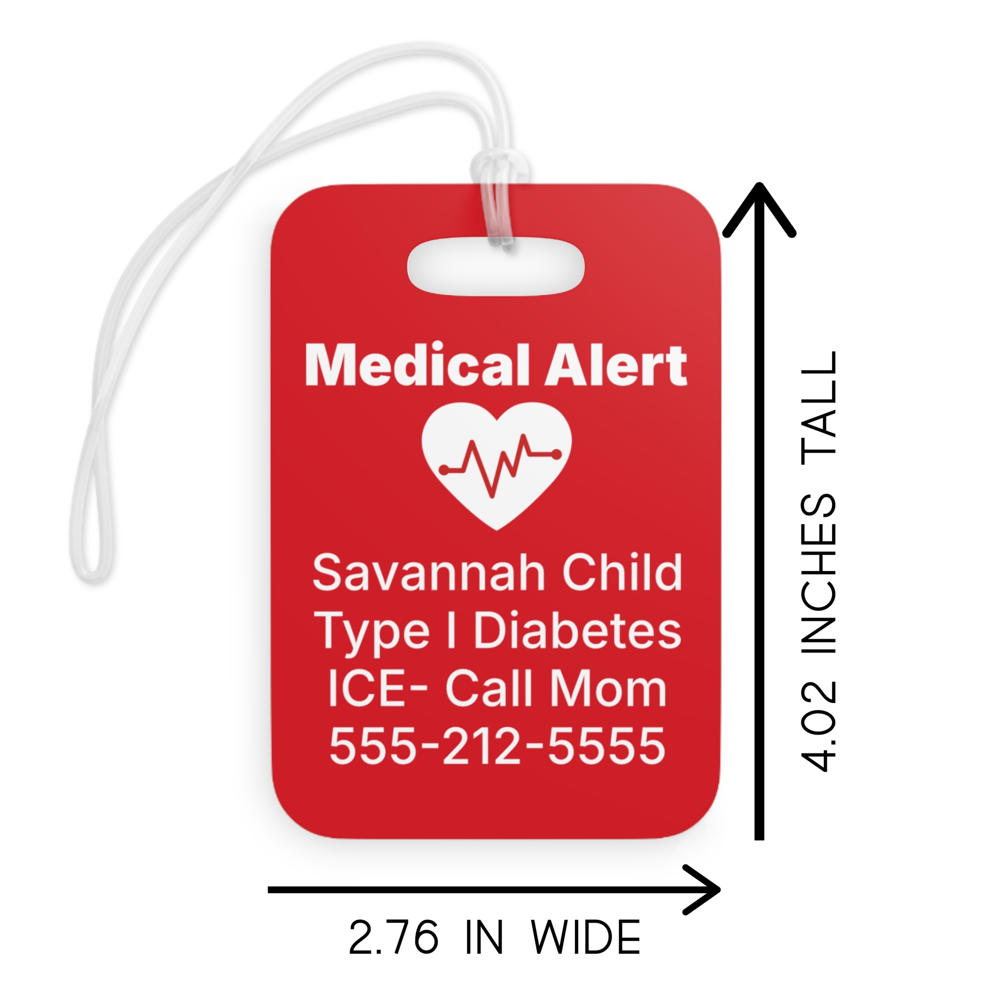 Rectangle personalized medical alert luggage tag showing dimensions and product details. Durable glossy plastic medical ID tag includes double sided printing and a secure clear acrylic tie for backpacks, luggage, travel bags, and medication bags.