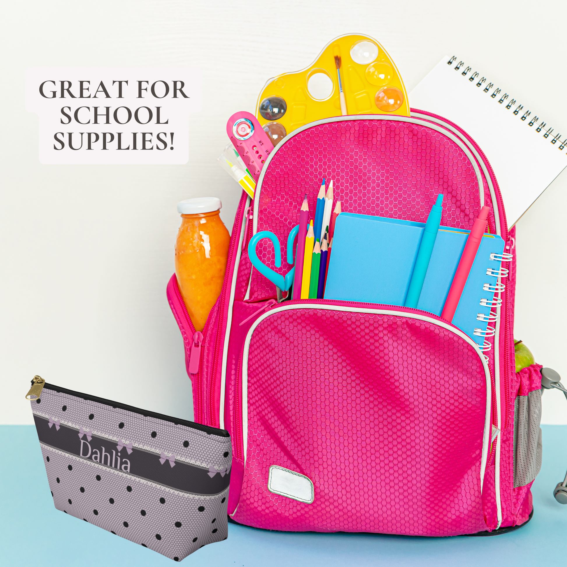 Personalized school supplies pouch featuring a lavender and black gothic coquette design with bows, polka dots and lace inspired details. This canvas zipper pouch can hold pencils, pens, erasers and other small classroom essentials. Customize it with a name or initials for a practical and stylish school accessory that also makes a fun tween girl gift.