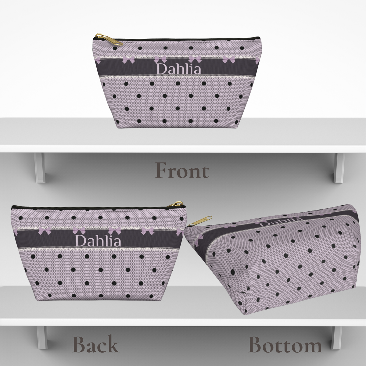 Personalized toiletry bag for women and girls featuring a lavender and black gothic coquette design with bows, polka dots and lace inspired details. The canvas zipper pouch is customized with a name or initials and provides space for makeup, skincare and personal essentials. A feminine travel accessory and thoughtful gift for tweens or teens.