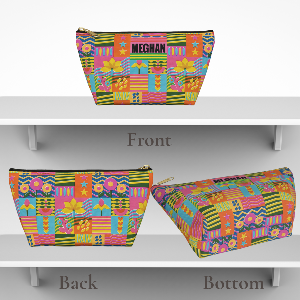 Colorful maximalist floral catch all pouch personalized with a custom name and filled with cheerful flowers, stripes, stars, wavy lines, and geometric shapes. This whimsical bag is useful for organizing everyday essentials, cosmetics, jewelry, hair accessories, small toys, craft supplies, or personal items. Its retro inspired design is perfect for anyone who prefers bold color and playful patterns over ordinary accessories.