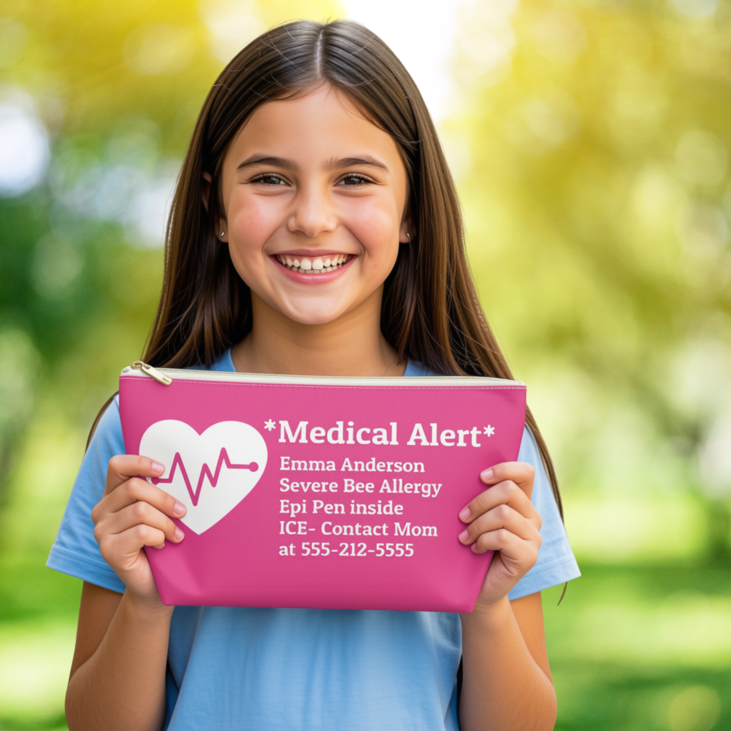 A smiling young girl in a blue shirt holds a bright pink medical alert pouch outdoors against a blurred green background. The pouch has a white heart with a heartbeat line and printed text including 'Medical Alert' and emergency contact details.
